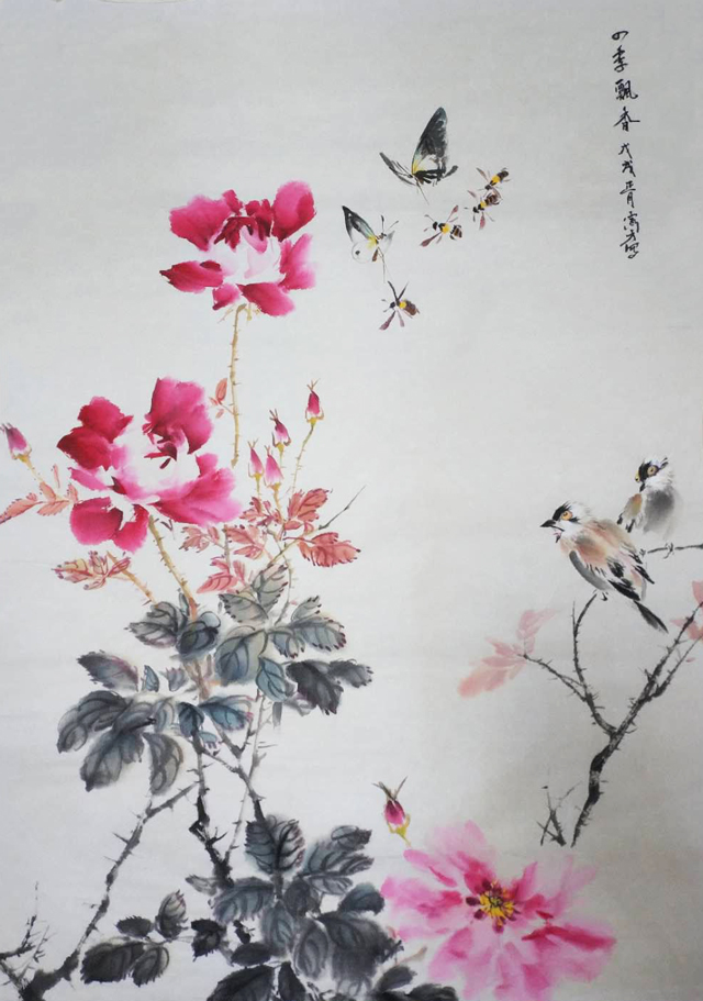 南阳国画名家吕寅方花鸟画精选月季花中有牡丹由你评选最喜欢