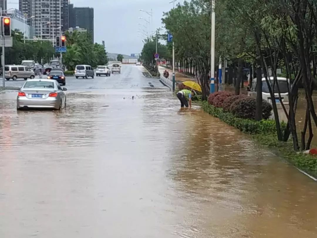 小秦在积水中"忙碌"了半个多小时,大大加快了排水速度,路面积水也很快