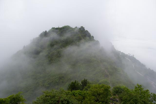 行走秦岭海棠山:9时37分,站在海棠山最高处,远处云雾渐渐散去