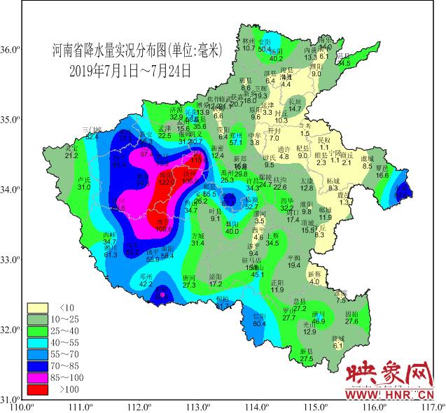 2019年7月1-24日全省降水量分布图(毫米)