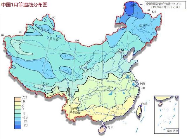 中国1月等温线分布图另一方面,北方地区到了冬季有集中暖气供应,而