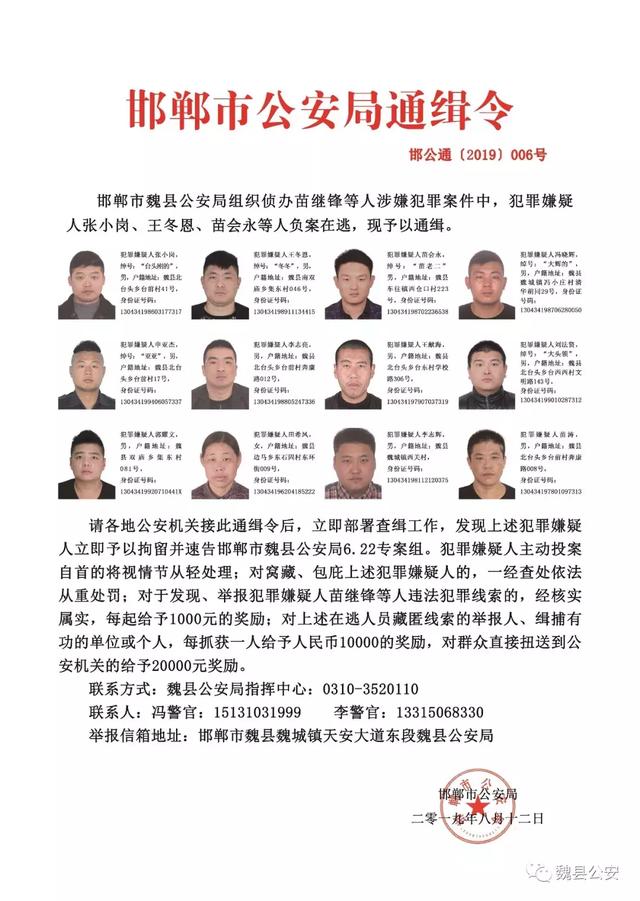 邯郸市公安局发布通缉令 通缉苗继锋等人涉嫌犯罪案件中 12名负案在逃
