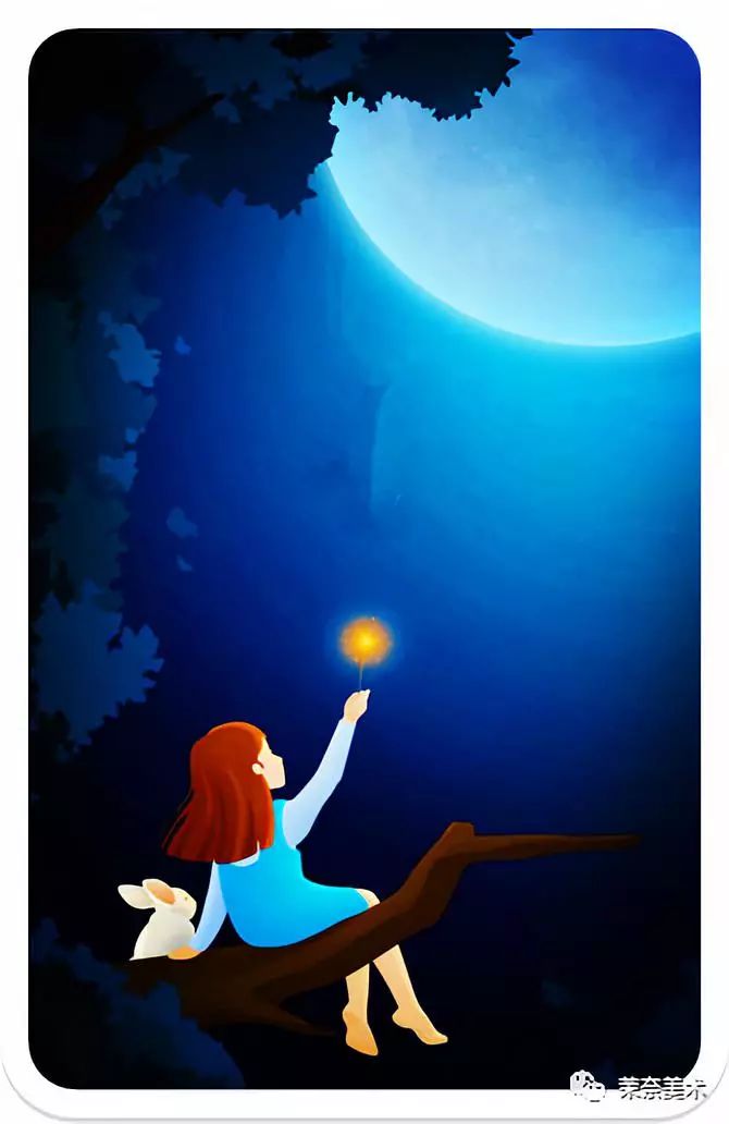 小女孩爬到了树上看月亮. 看一看夜晚的天空是深深的蓝还是浅浅的蓝?