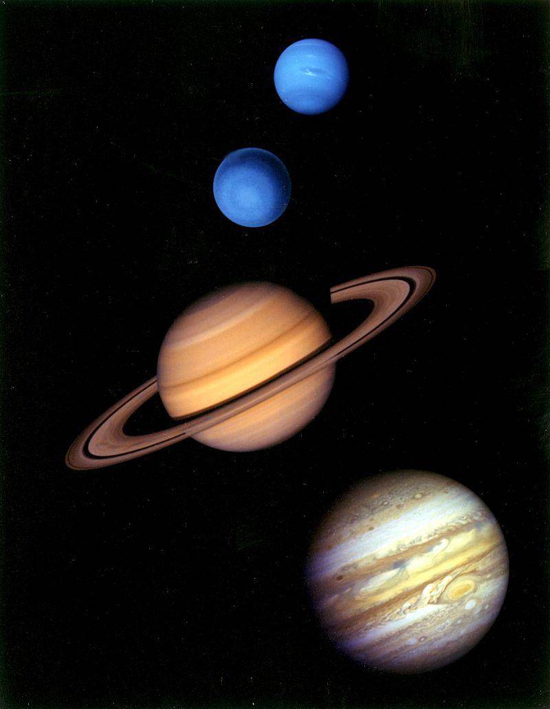 图解:由上而下:海王星,天王星,土星和木星(蒙太奇的近似颜色和相对