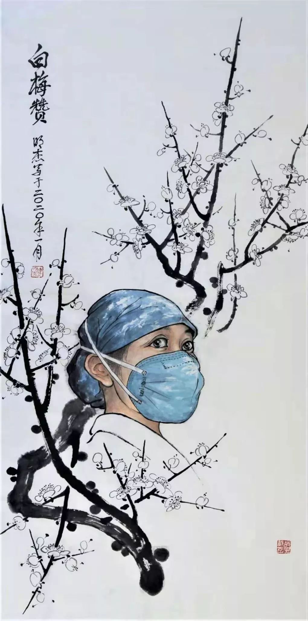 漳州美术家陈明杰为防控疫情而作中国画《白梅赞》,用自己独特的方式