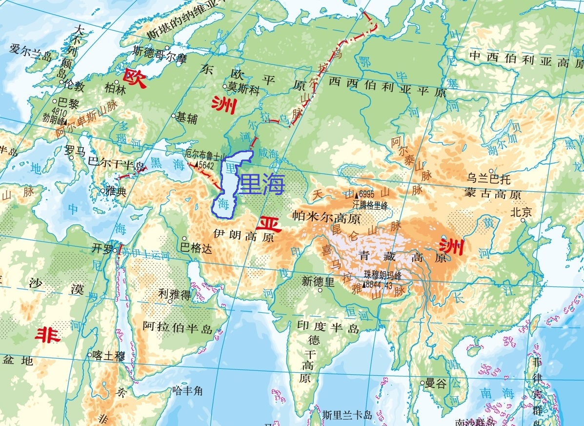 里海位于亚欧大陆的内陆,地处亚洲和欧洲的交界处,里海虽然名字里有