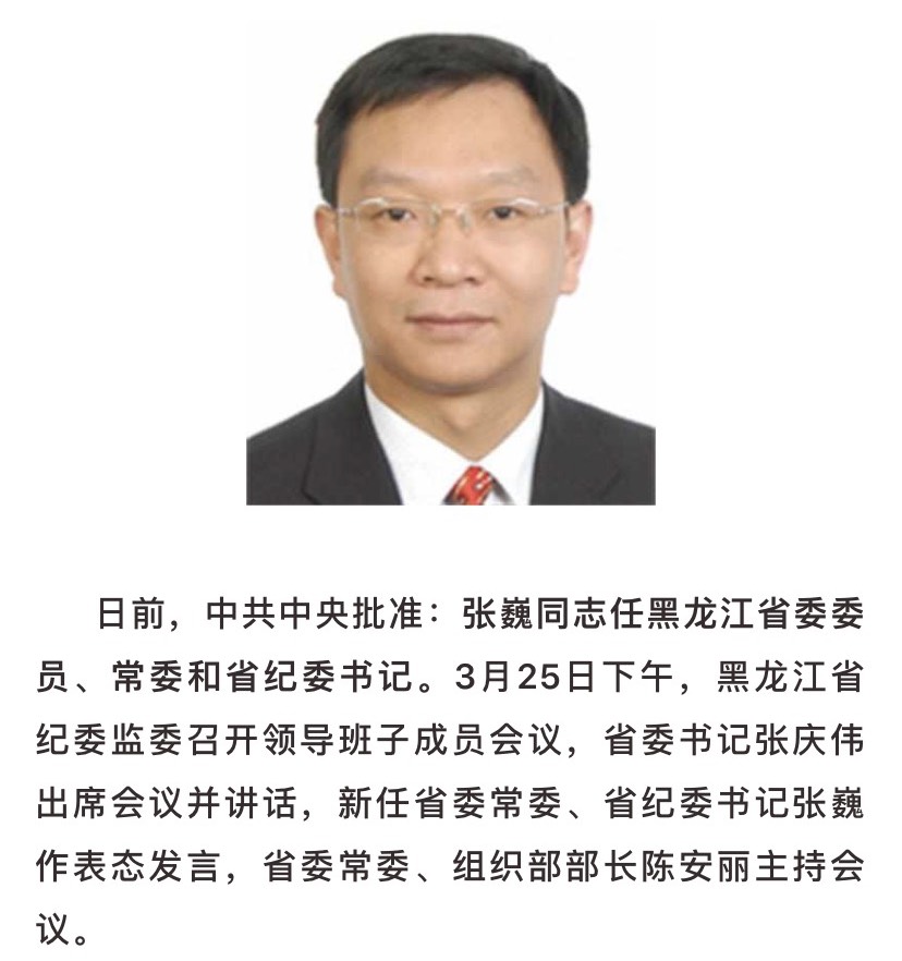 张巍任黑龙江省委常委,省纪委书记