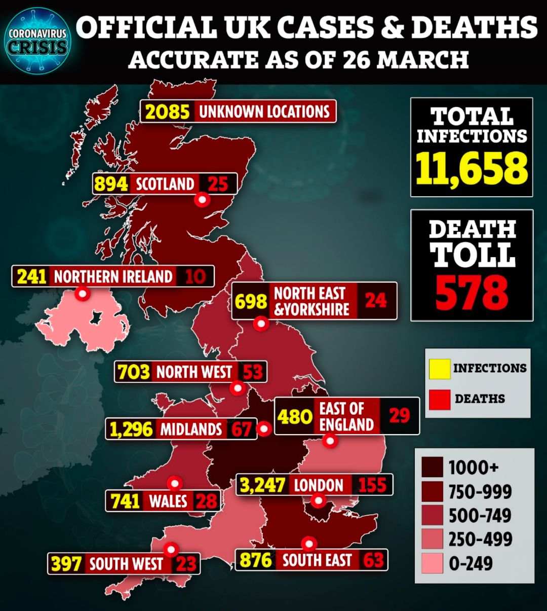 数据截至3月26日的英国疫情地图