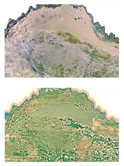 上图为库布齐沙漠2000年的卫星遥感图,下图为2016年的卫星遥感图.