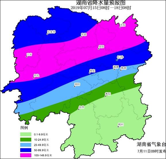湖南省 2019 年   月    日 08 时～18 日 08 时降水量预报图(单位