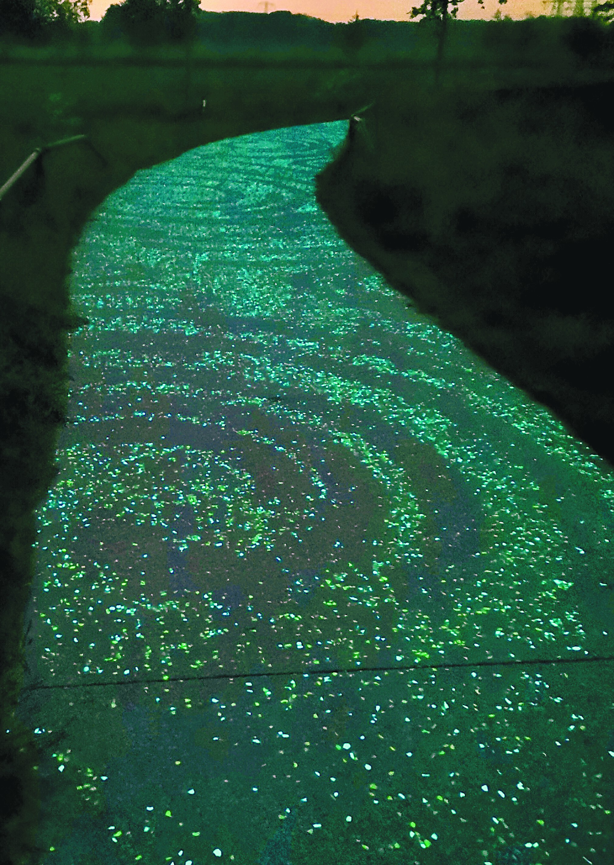 天色越黑,光点越多,并由白色转变为了荧光色,好像发着蓝绿色夜光的