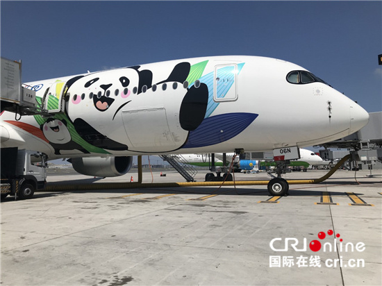 一架身披熊貓彩繪塗裝的a350飛機平穩降落伊斯坦布爾機場,標誌著四川