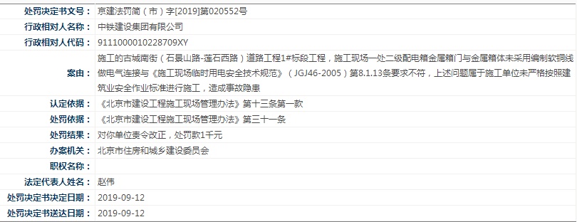 「中国网」中铁建设集团未按安全作业标准施工被北京住建委罚款