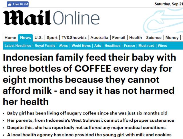 环球网■印尼父母给6个月大婴儿喝咖啡：买不起奶粉，一天3瓶咖啡