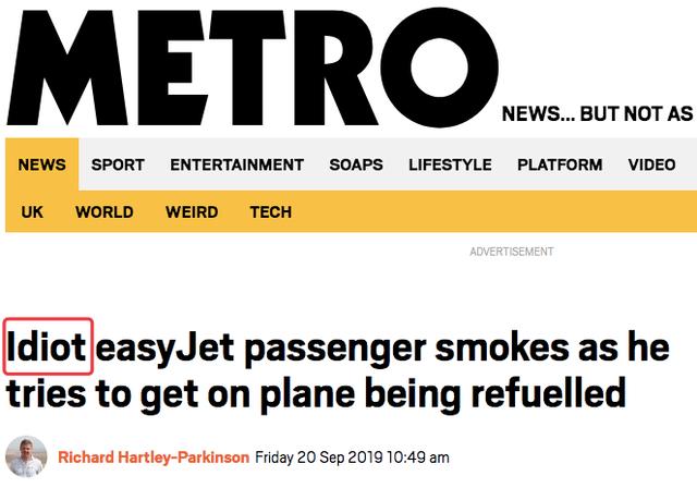 「环球网」飞机正在加油，一位登机的乘客点燃了一根烟