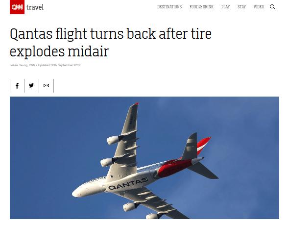 「环球网」轮胎空中爆炸？！澳航一飞机被迫返航