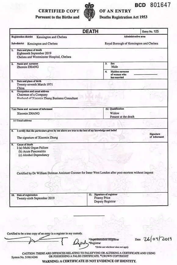 [界面]网信集团深夜发布张振新死亡证明回应质疑