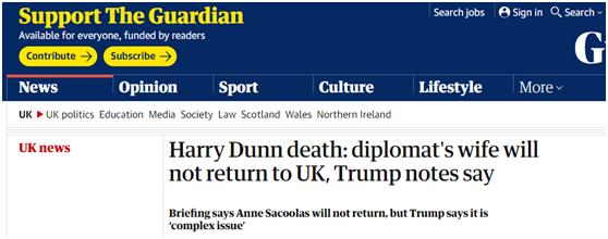 [环球网]美外交官之妻在英国逆行致人死亡后“逃回国”，特朗普回应：这个问题非常复杂