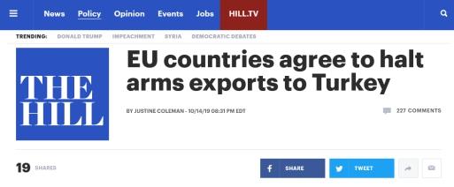 【环球网】又一打击！特朗普宣布制裁土耳其同一天，欧盟国家承诺暂停对土武器出口