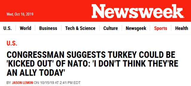 「环球网」美议员警告：土耳其表现得不像盟友，可能被“踢出”北约
