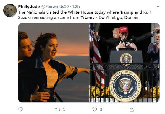 [光明网]特朗普从背后拥抱美职棒球员，有人想起了《泰坦尼克号》