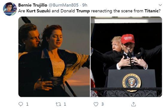 [光明网]特朗普从背后拥抱美职棒球员，有人想起了《泰坦尼克号》