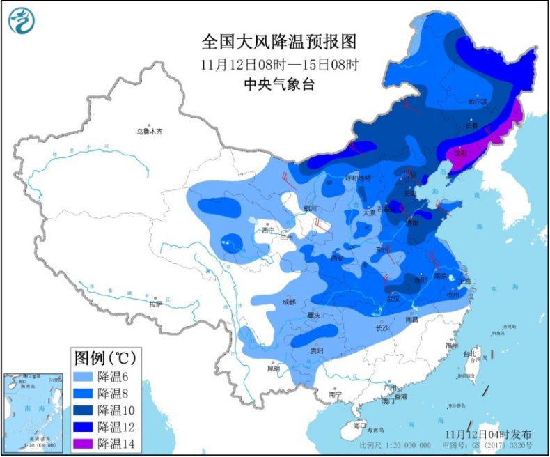 「中国气象局」强冷空气影响中东部地区 部分地区大风降温明显