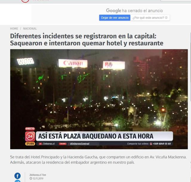 「环球网」智利骚乱继续蔓延，示威者火烧宾馆酒店、攻击阿根廷使馆