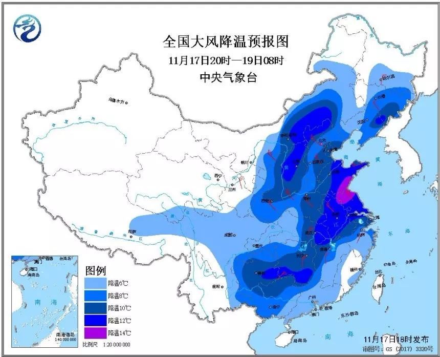 中国天气网@寒潮+暴雪预警！气温跳楼大甩卖 9省区降温超10℃+！