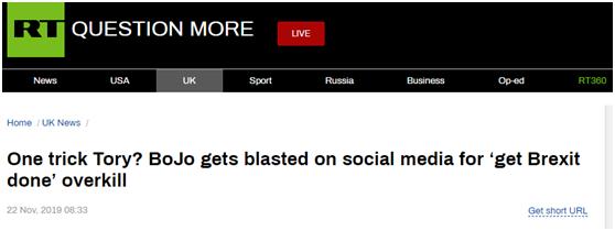 「环球网」约翰逊一天内多次发推强调实现“脱欧”，网友：能不能说点别的？