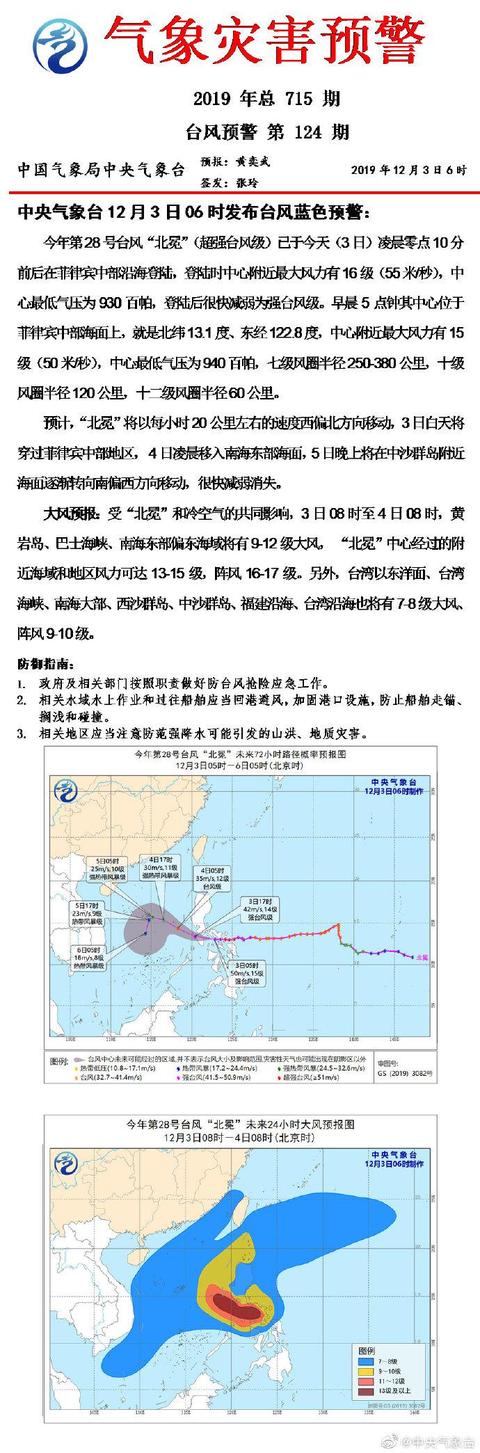 「环球网」中央气象台6时发布台风蓝色预警