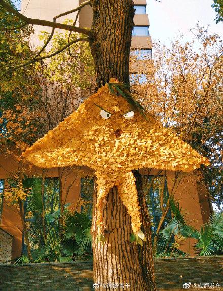 光明网：好秀！成都保洁大妈用银杏拼成风筝挂树上