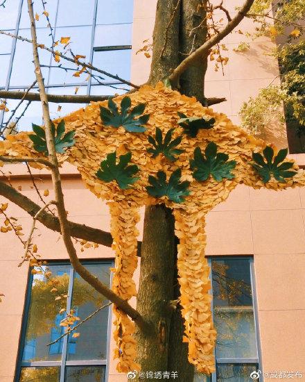 光明网：好秀！成都保洁大妈用银杏拼成风筝挂树上