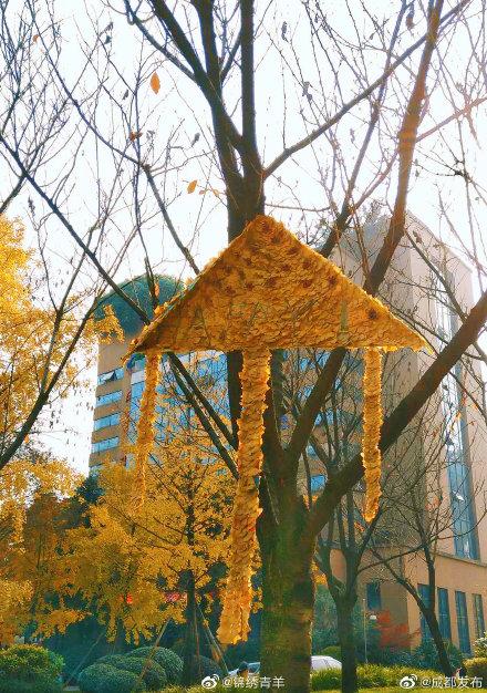 好秀!成都保洁大妈用银杏拼成风筝挂树上_人民号