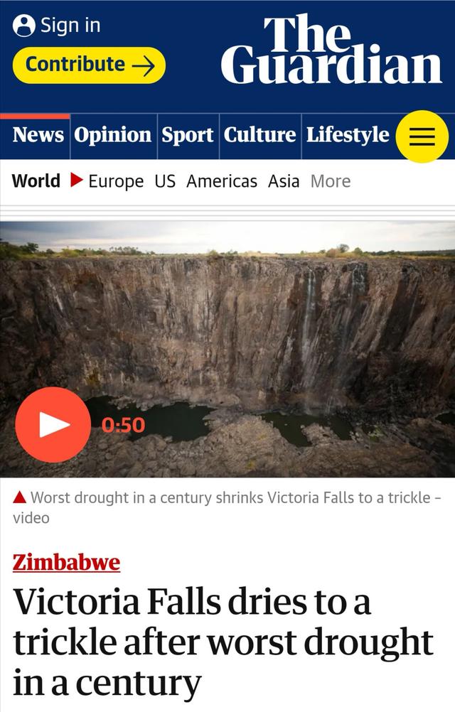 「环球网」世界三大瀑布之一维多利亚瀑布几近枯竭
