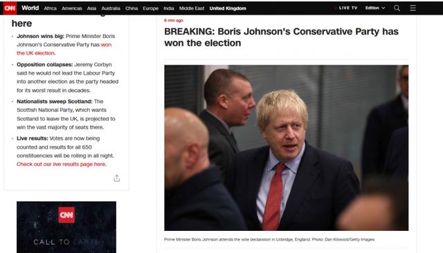 「上观新闻」英首相约翰逊所在党派已赢得多数席位