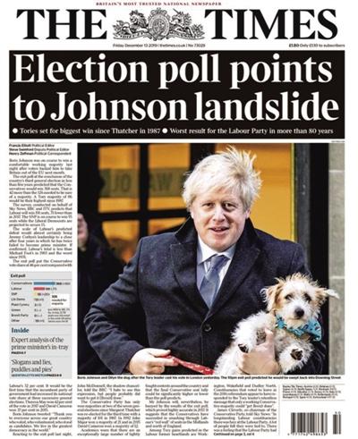 《泰晤士报》头版报道约翰逊胜选