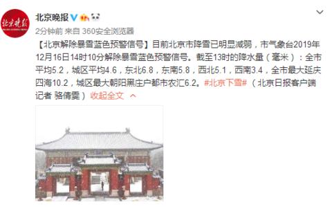 「海外网」北京解除暴雪蓝色预警信号