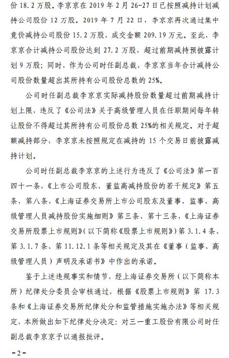 中国经济网■三一重工副总裁李京京遭通报批评 超额减持未预先披露