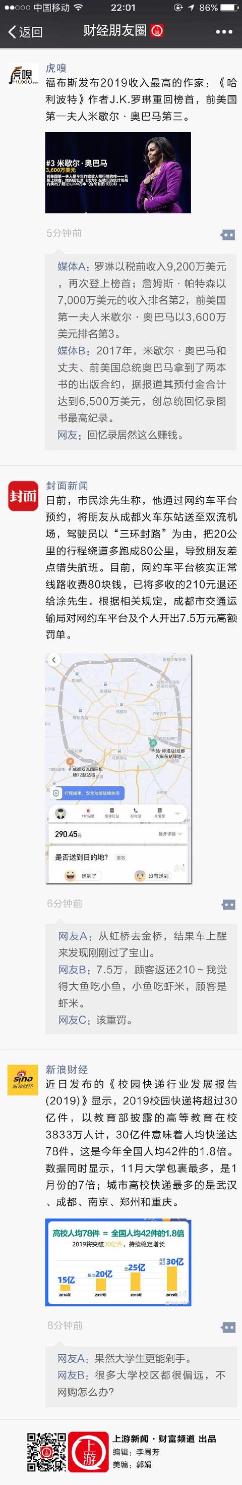 上游新闻：财经朋友圈｜2019大学人均快递78件，为全国人均1.8倍