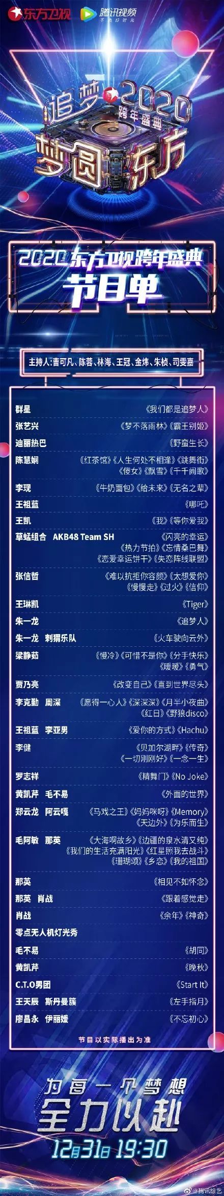 #东北网#【收藏】就在今晚！2020各大卫视跨年晚会节目单出炉！