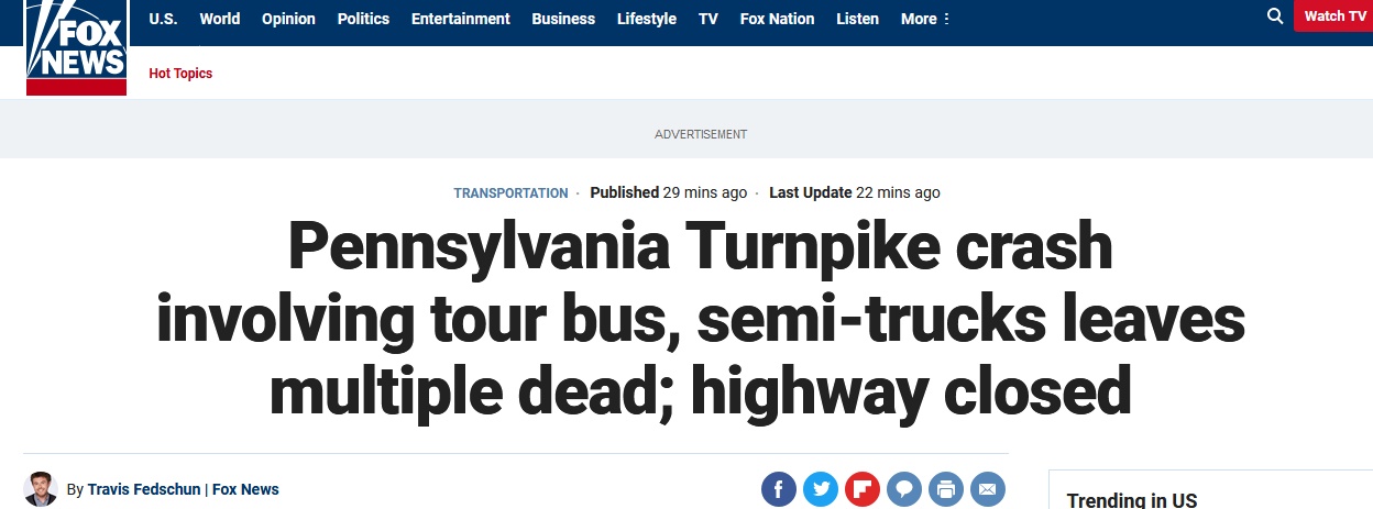 快讯美国宾夕法尼亚州一高速公路多车相撞已致5死60伤