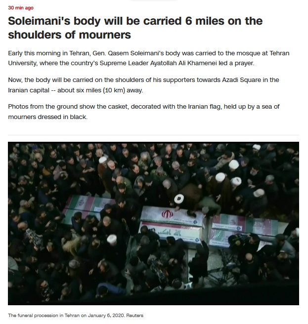 「环球网」快讯！ 苏莱曼尼遗体将由其支持者抬着走向德黑兰最大广场，全程约10公里
