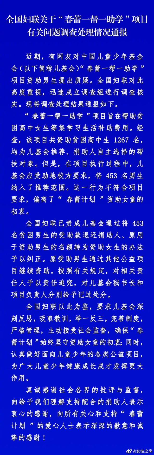 「上观新闻」全国妇联关于“春蕾一帮一助学”项目有关问题调查处理情况通报