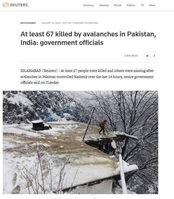 「环球网」快讯！克什米尔地区发生多次雪崩，已造成至少67人死亡
