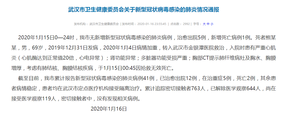 2020年1月15日0—24时,武汉市无新增新型冠状病毒感染的肺炎病例,治愈