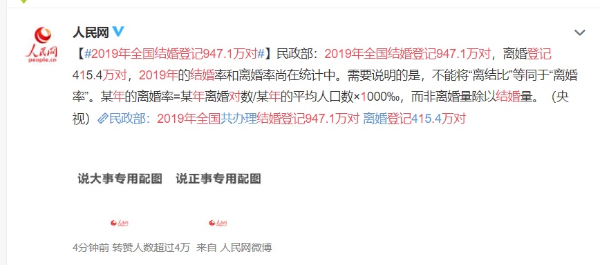 [中国青年报]2019年全国结婚登记947.1万对！网友又来撒狗粮了