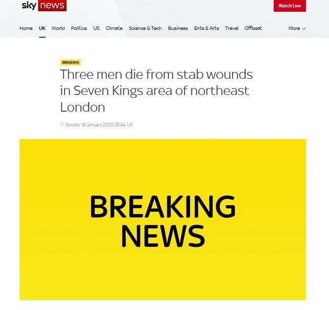 「环球网」快讯！伦敦警察局：伦敦东北部地区有3人被刺伤后死亡