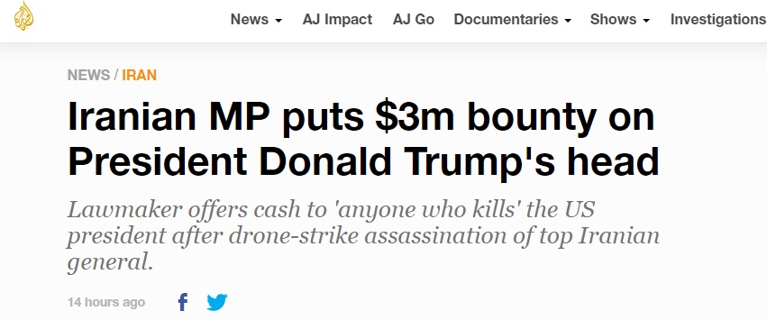 环球网：伊朗议员悬赏300万美元刺杀特朗普，被美裁军大使斥 “荒谬”