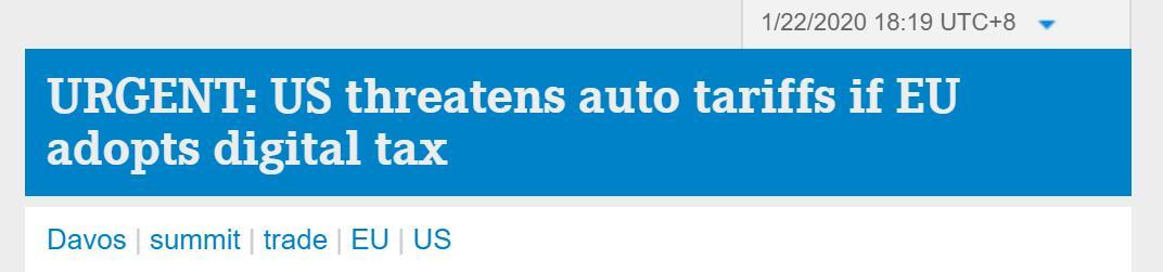 #环球网#快讯！美国财长：欧洲若征数字税，美国就征汽车税
